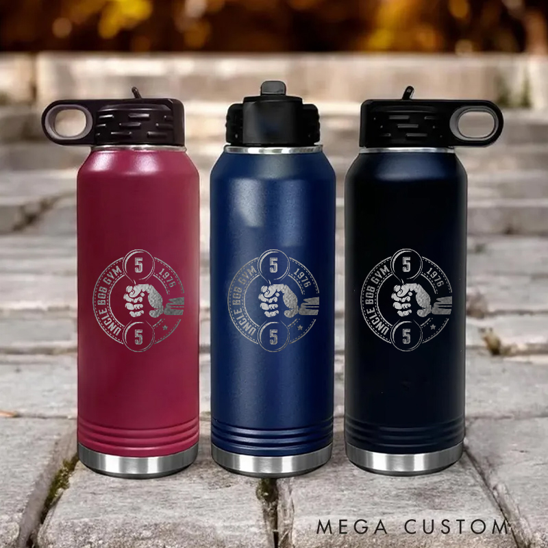 Personalized Gym Water Bottles with Flexing Fist and Barbell Design for Fitness Enthusiasts Bodybuilders and Gym Lovers