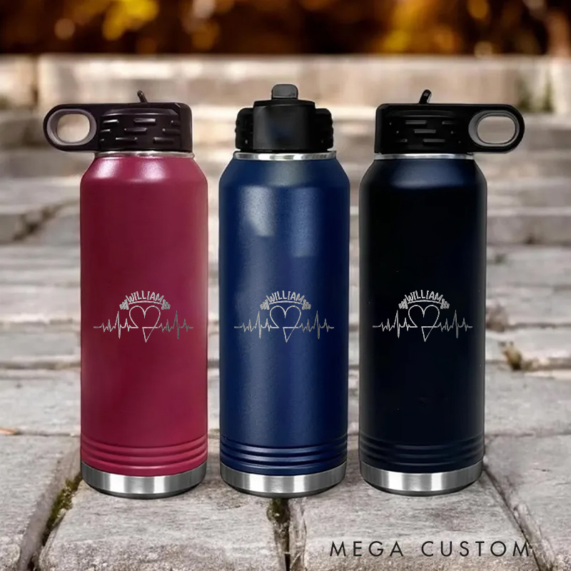 Personalized Gym Water Bottles with Heartbeat Line and Heart Design for Fitness Enthusiasts Bodybuilders and Gym Lovers