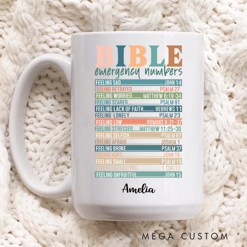 Personalized Multicolor Bible Emergency Numbers Ceramic Mug with Name Religious Gift Birthday Gift for Girls