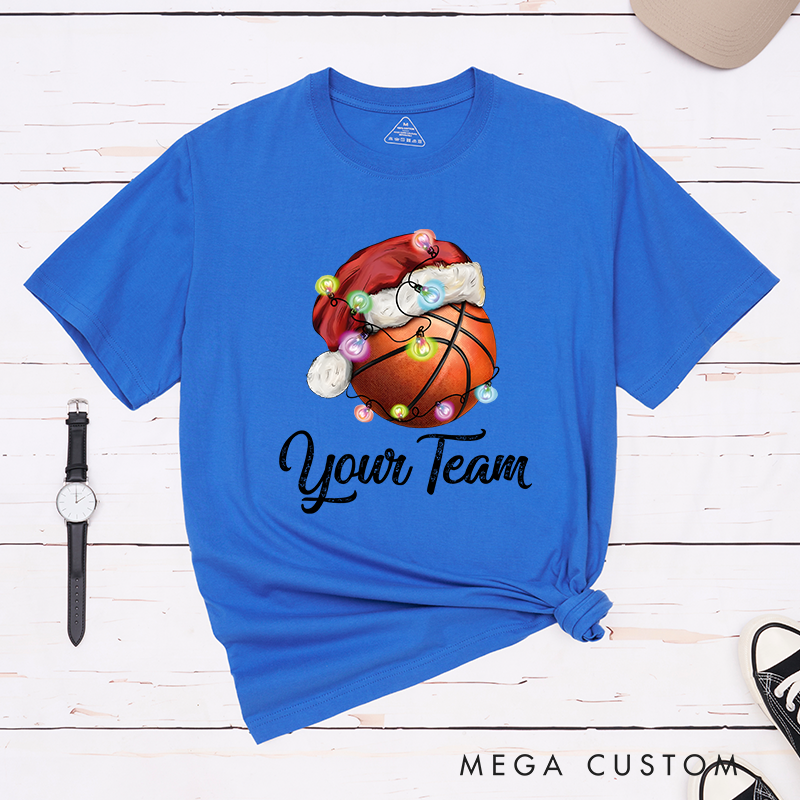 Personalized Christmas Basketball T-Shirt with Custom Team Name and Festive Design