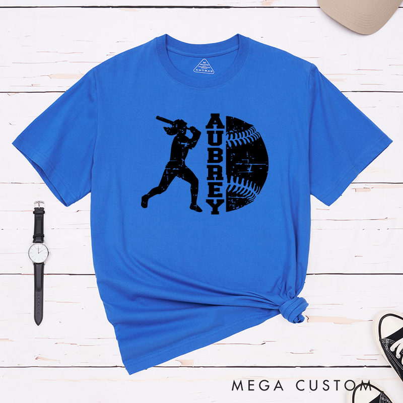 Personalized Softball Player T-Shirt Design Featuring Batter Silhouette Distressed Softball Graphic and Customizable Name Text
