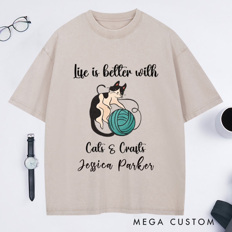 Personalized Cat Knitting Crafts Washed T-Shirts MidCentury Cat Knitting Shirt Vintage Cat T-Shirt BoHo Knitting Shirt Funny Cat Lover Shirt