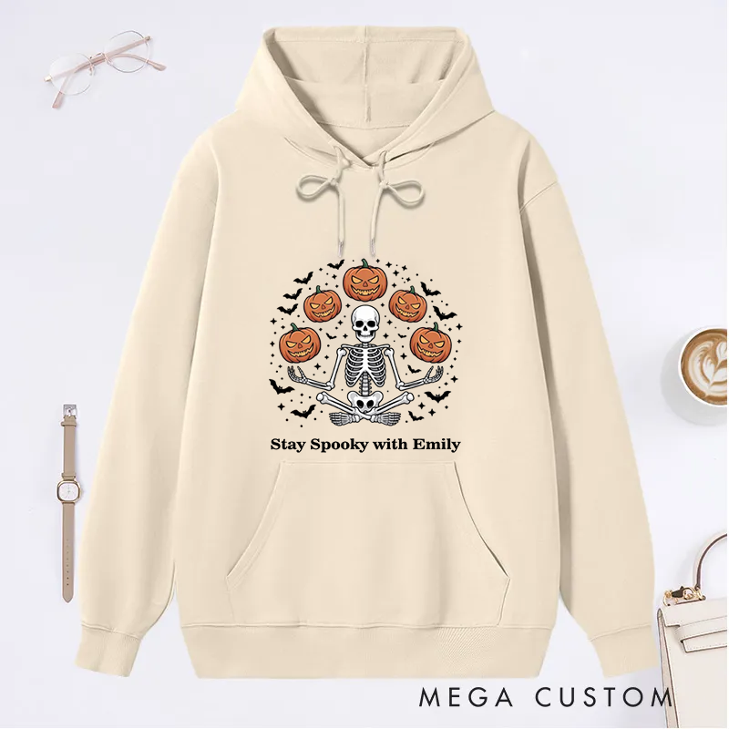 Personalized Halloween Classic Hoodie with Spooky Skeleton and Pumpkin Design Custom Name Gift Idea for Yoga Lover