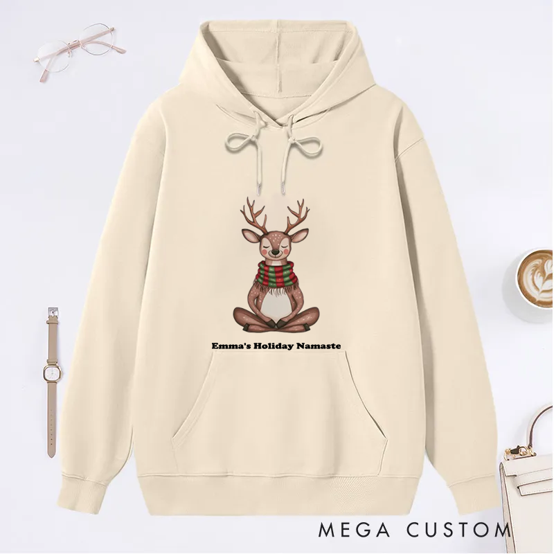 Personalized Christmas Classic Hoodie with Cute Meditating Reindeer Design Custom Name Gift Idea for Yoga Lover