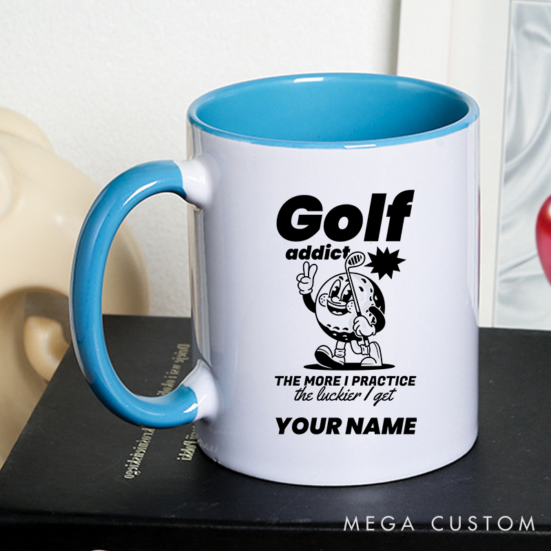 Personalized Golf Mug with Custom Name Golf Addict Design The More I Practice The Luckier I Get Durable Ceramic Two Tone Handle