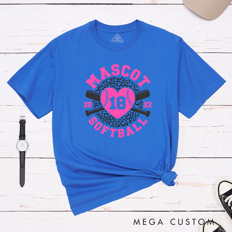 Personalized Softball Team T-Shirt Design Featuring Customizable Team Name Leopard Print Heart-Shaped Softball Graphic Crossed Bats and Player Number