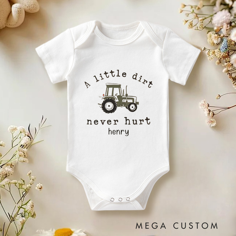 Personalized A Little Dirt Never Hurt Baby Onesie Tractor Baby Boy Gift Nursery Gift