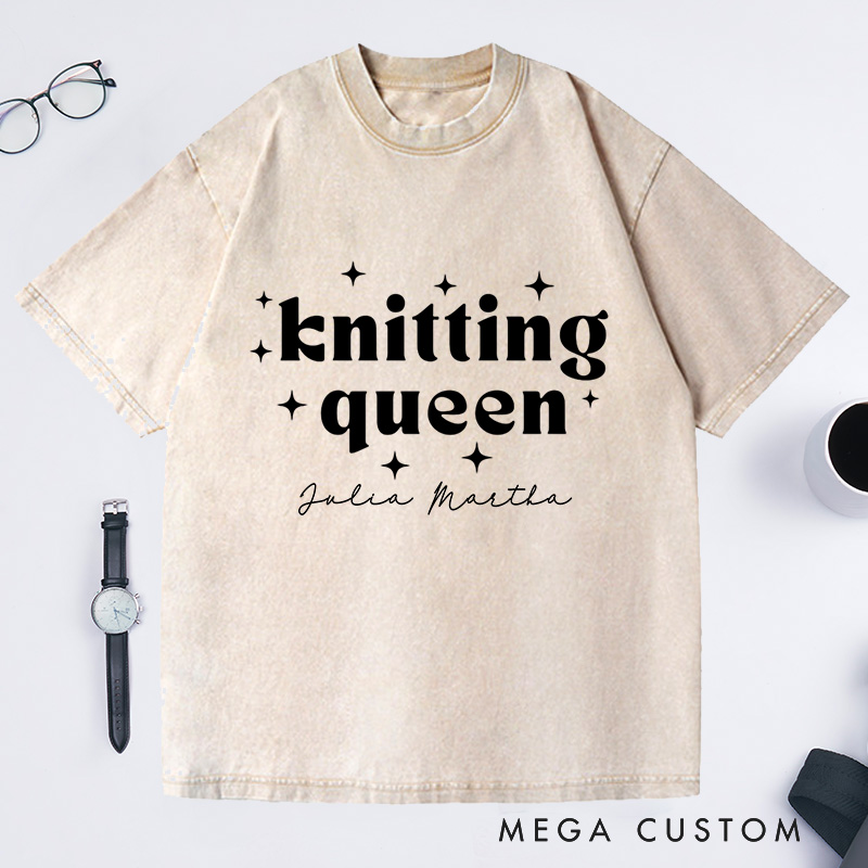 Personalized Knitting Queen Washed T-Shirts Knitter Shirt Colorful Sewing T-Shirt Womens Crochet T-Shirt Comfy Top Bright Words Tee Unique Font Shirt