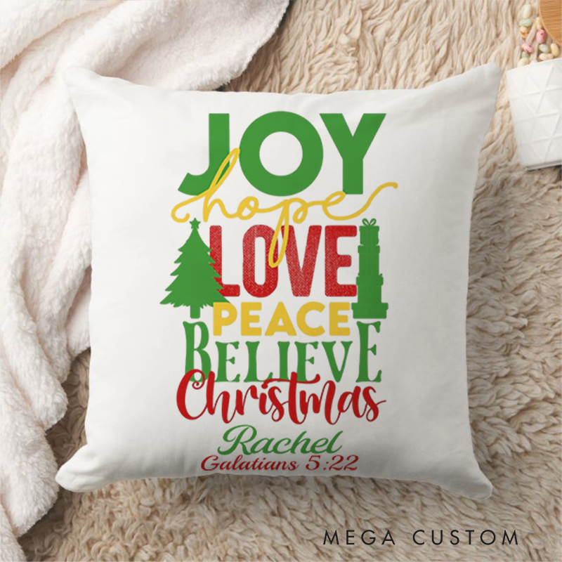 Personalized Joy hope love peace believe Christmas Throw Pillow with Name Birthday Gift for Family Religious Gift for Christian Christmas Gift