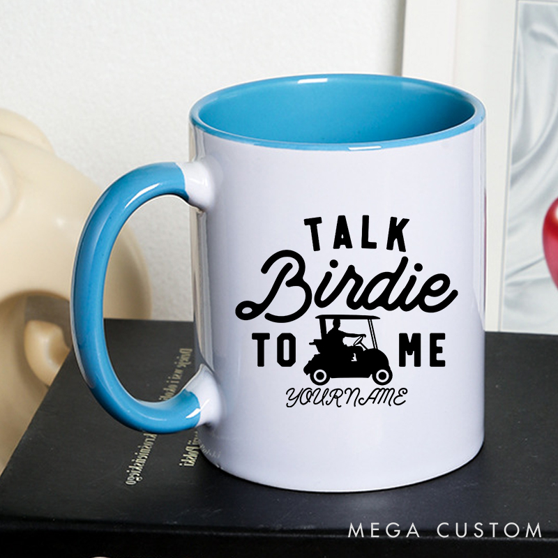 Personalized Golf Mug with Custom Name "Talk Birdie to Me" Fun Golf Cart Design Perfect Gift for Golf Lovers