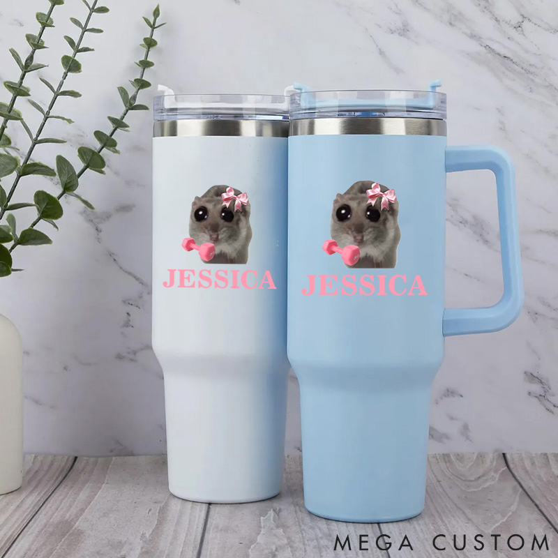 Personalized Handle Tumbler with Cute Hamster Pink Bow for Gym Lover Fitness Durable Hot or Cold Drinks