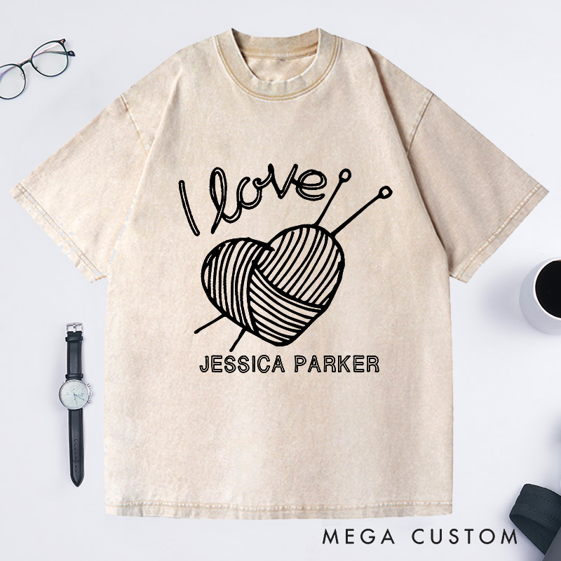 Personalized I Love Knitting Washed T-Shirts Gifts for Knitter Grandma Shirt Grandma Knit Tee Custom Tee