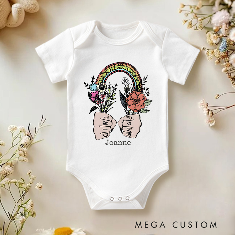 Personalized Girl Power Feminist Rainbow and Fists Baby Onesie Funny Baby Gift