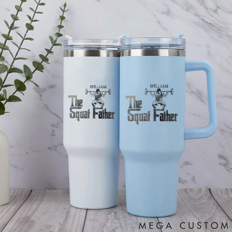 Personalized Handle Tumbler with Logo Featuring Squat and Barbell Artwork for Gym Lover Fitness Durable Hot or Cold Drinks