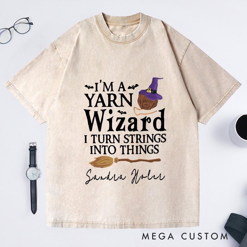 Personalized I'm a Yarn Wizard Washed T-Shirts Knit T-Shirt Knitting Gift Knitter Gifts Custom Tee