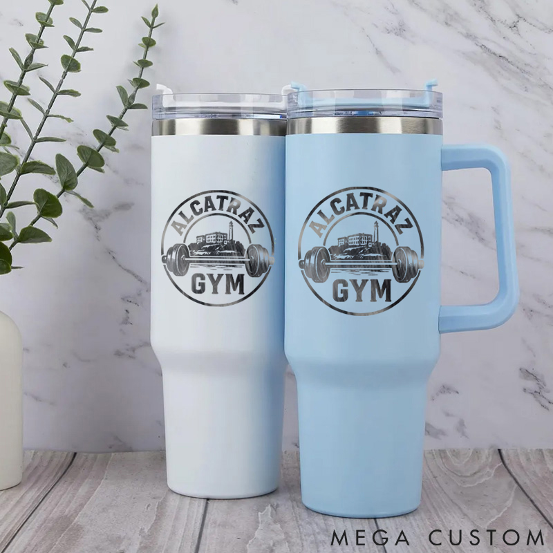Personalized Handle Tumbler with Barbell and Prison Island Illustration for Gym Lover Fitness Durable Hot or Cold Drinks