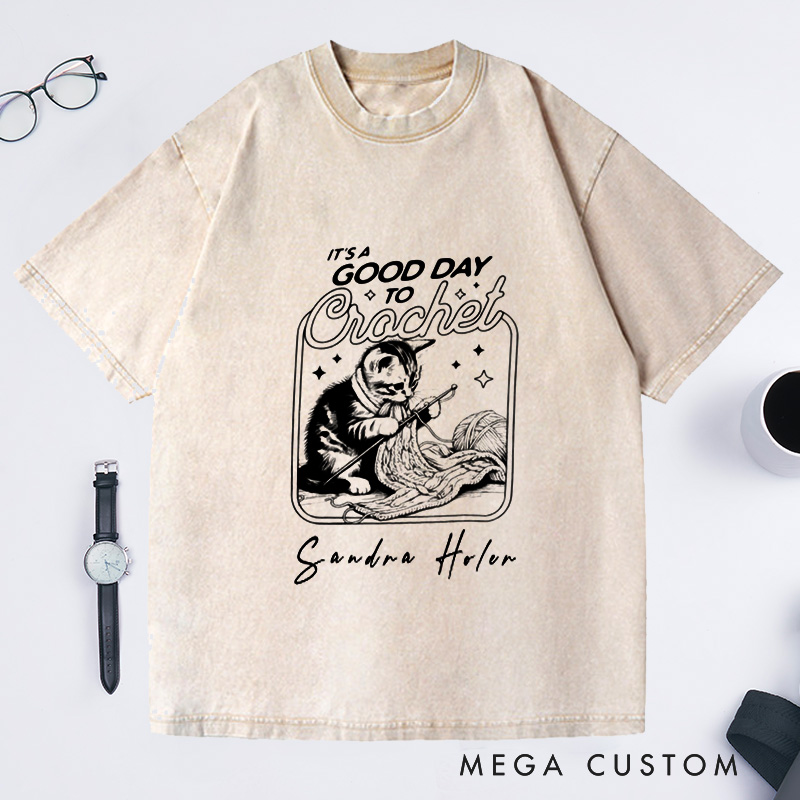 Personalized It's a Good Day to Crochet Washed T-Shirts Crochet Cat Tee Crocheting Gift Custom T-Shirt
