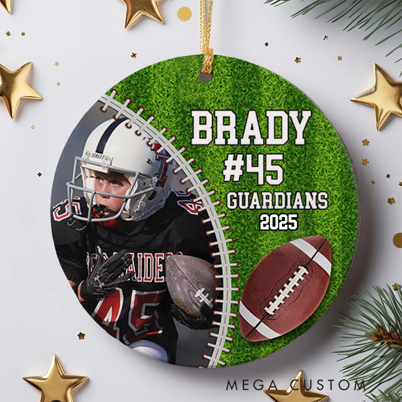 Personalized American Football Photo Design Christmas Ornament with Custom Team Name, Player Name and Year