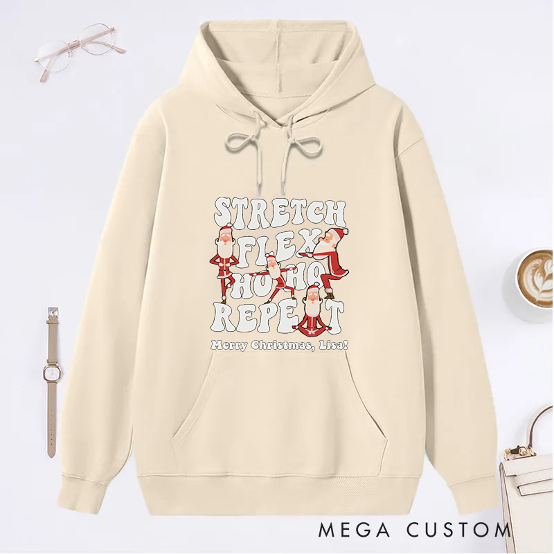 Personalized Christmas Classic Hoodie with Stretch, Flex, Ho Ho Ho Design Custom Name Gift Idea for Yoga Lover