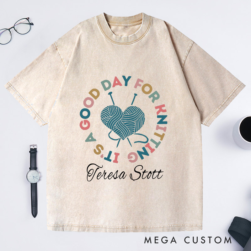 Personalized It's a Good Day for Knitting Washed T-Shirts Gift for Knitter Knit Shirt Gift for Grandma