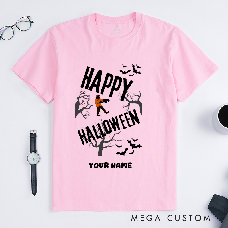 Personalized Happy Dance Zombie T-Shirts Custom Name Spooky Gift for Men Unique Halloween Tee Scary Walking Dead Design for Husband Son Friend