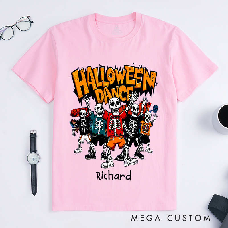 Personalized Halloween Dance Skeleton T-Shirts Custom Name Funny Skeleton Gift for Men Boys Unique Halloween Youth Graphic Tee