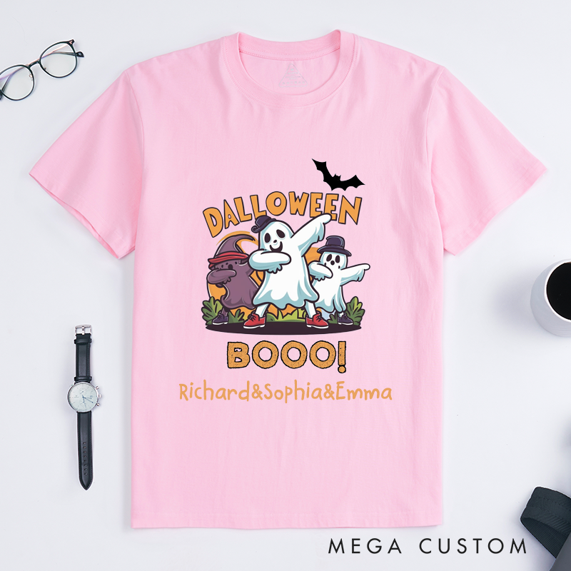 Personalized Halloween Ghost Dance T-Shirts Custom Name Unisex Cute Cartoon Ghosts Dabbing Spooky Gift for Teens Boys Girls Funny Halloween
