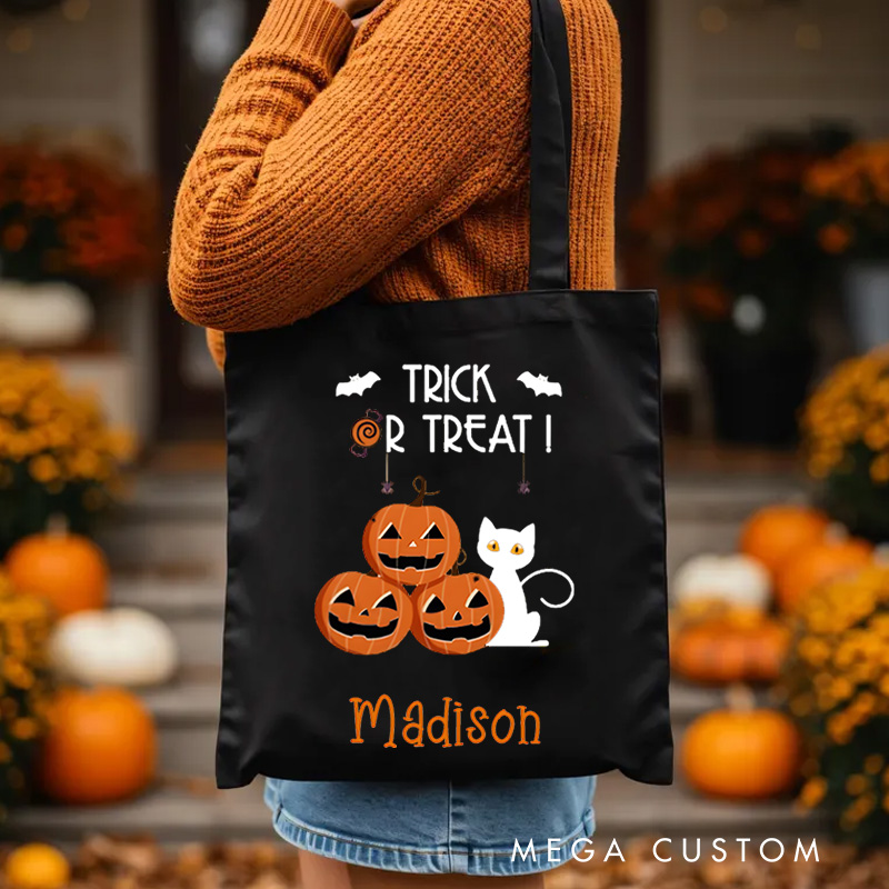 Personalized Trick or Treat Featuring Pumpkins Cats and Bats for a Fun Halloween Accent Tote Bag
