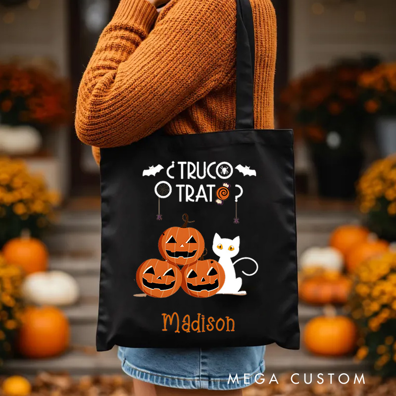 Personalized Trick or Treat Featuring Pumpkins and Cats for a Fun Halloween Celebration Tote Bag