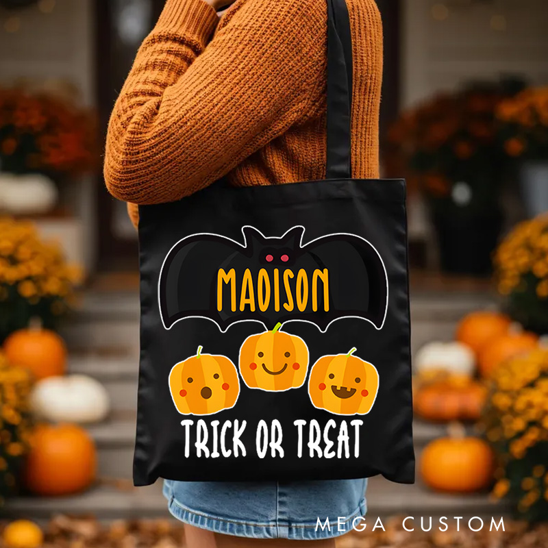 Personalized Bat and Pumpkin Featuring Name for a Spooky and Playful Trick or Treat Tote Bag