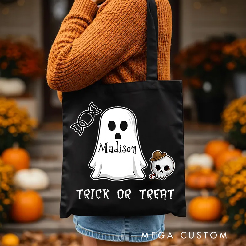 Personalized Ghost Featuring Name and Skull Accents for a Cute Halloween Celebration Tote Bag
