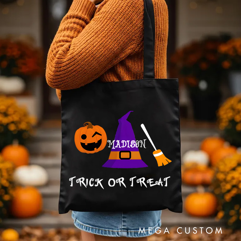 Personalized Witch Hat and Pumpkin Featuring Name for a Festive Halloween Accent Tote Bag