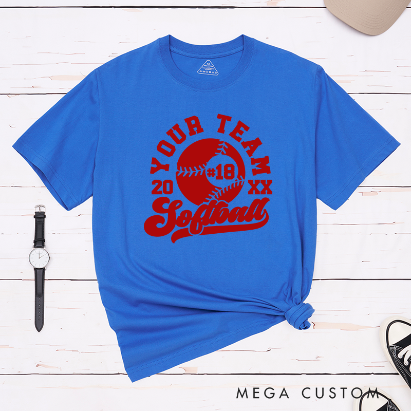 Personalized Softball Team T-Shirt Design Featuring Customizable Team Name Bold Softball Graphic Player Number and Year