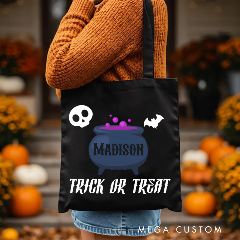 Personalized Cauldron Featuring Name and Halloween Symbols for a Spooky Trick or Treat Tote Bag