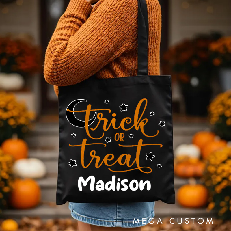 Personalized Trick or Treat Featuring Moon Stars and Name for a Magical Halloween Accent Tote Bag