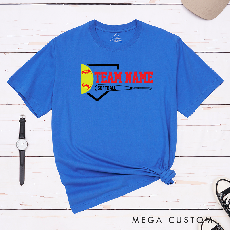 Personalized Softball Team T-Shirt Design Featuring Customizable Team Name Bold Home Plate Graphic Yellow Softball and Bat Element