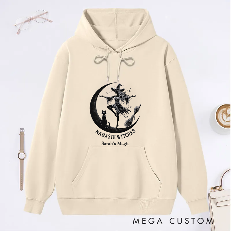 Personalized Namaste Witches Classic Hoodie with Elegant Witch and Moon Design Custom Name Gift Idea for Yoga Lover