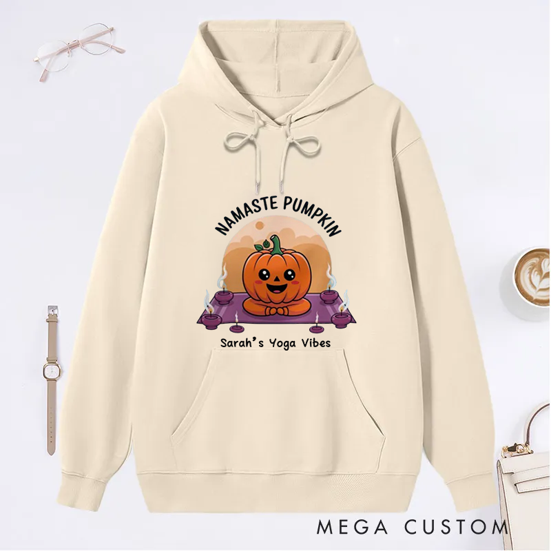 Personalized Namaste Classic Hoodie with Cute Yoga Pumpkin Design Custom Name Gift Idea for Yoga Lover