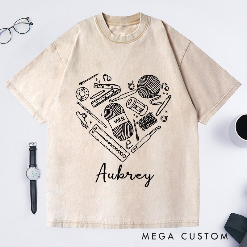 Personalized Yarn Graphic Heart Washed T-Shirts Crochet Shirt Gift for Crocheter Tee Cute Crocheting Tshirt Mothers Day Gift