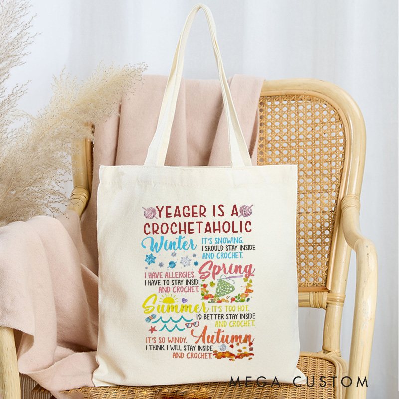 Personalized Seasonal Crochetaholic Tote Bag Custom Canvas Bag Crochet Lover Bag with Name Crocheting Lover Gift