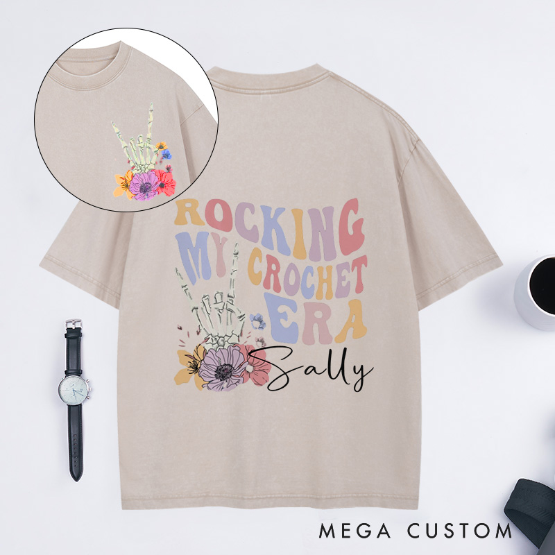 Personalized Rocking My Crochet Era Washed T-Shirts in My Crocheting Era Comfort Colors Retro Trendy Shirt