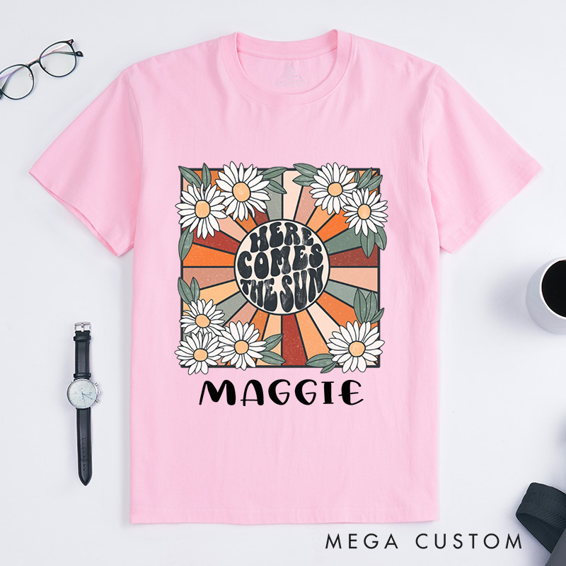 Personalized Here Comes the Sun Classic T-Shirts for Women Travel Beach Vacation T-Shirt Sunshine Tee Beatles Retro Shirts Motivational Shirt Gift