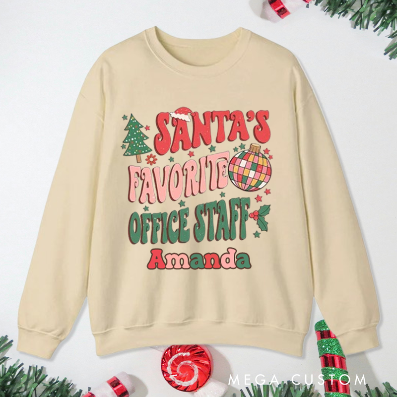Personalized Office Worker Sweatshirt Santa's Favorite Office Staff with Christmas Trees Stars and Santa Hat Christmas Elements Gift for Coworkers