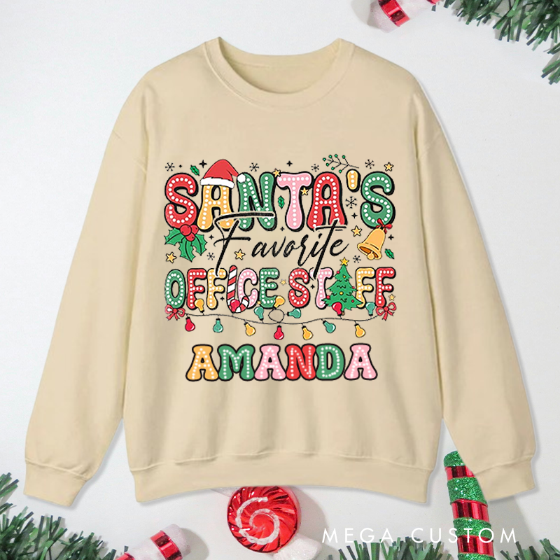 Personalized Office Worker Sweatshirt Christmas Lights Ornaments Candy Canes and a Santa Hat Christmas Elements Gift for Coworkers