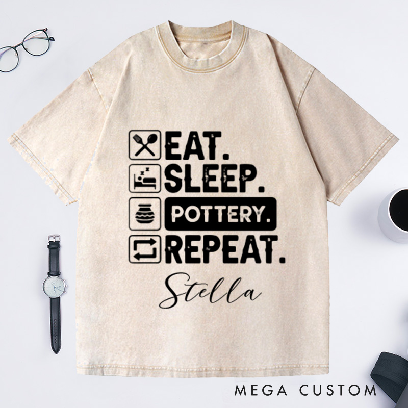 Personalized Eat Sleep Pottery Repeat Washed T-Shirts Gift for Potter Potters Shirt Clay Tshirt Custom Tee