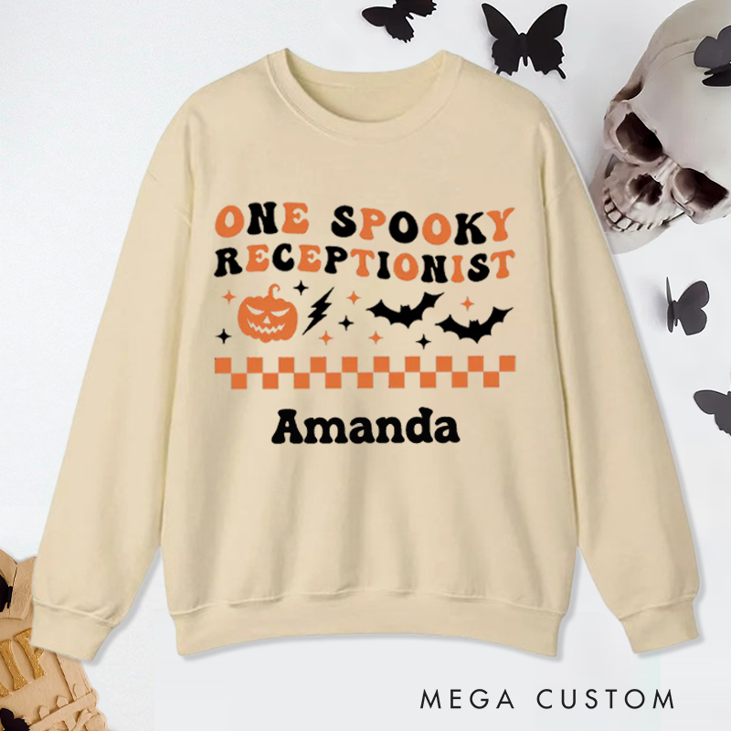 Personalized Office Worker Sweatshirt One Spooky Receptionist with Halloween Elements Appreciation Gift for Coworkers