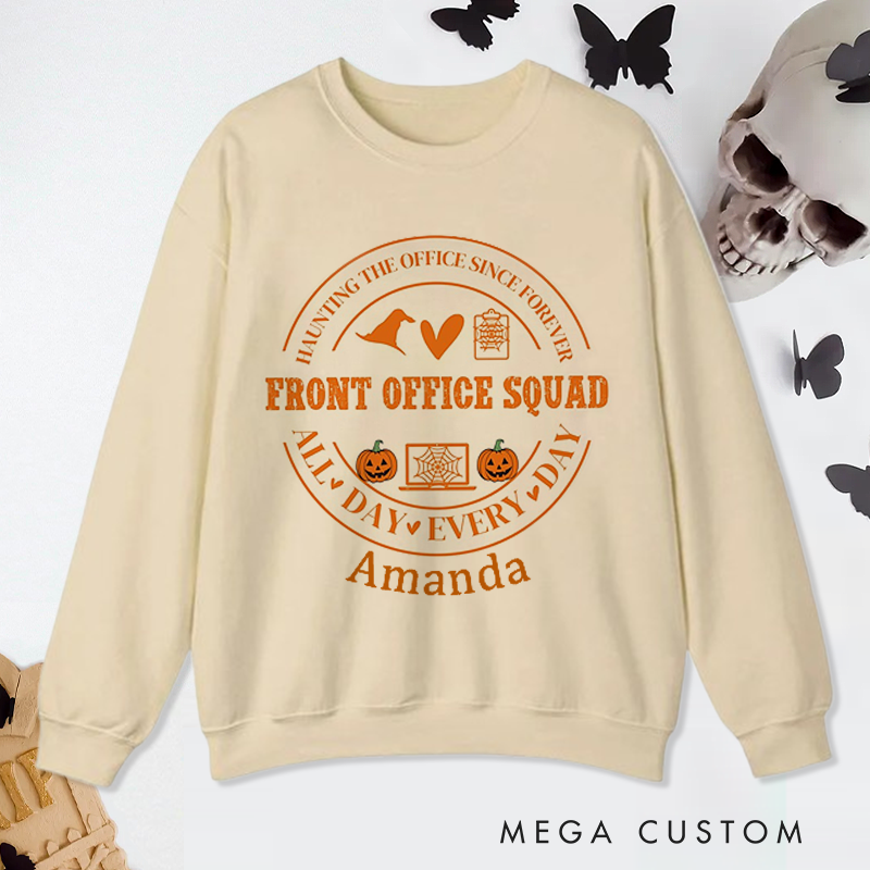 Personalized Office Worker Sweatshirt Front Office Squad with Halloween Elements Appreciation Gift for Coworkers