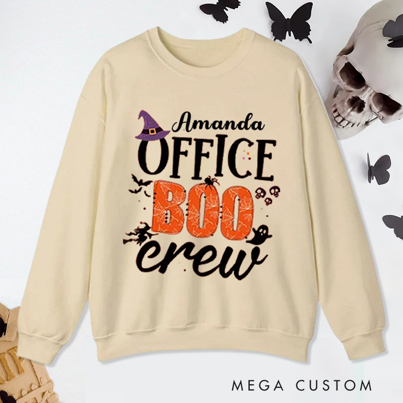 Personalized Office Worker Sweatshirt Office Boo Crew with Bats Spiderweb and Spider Halloween Elements Appreciation Gift for Coworkers