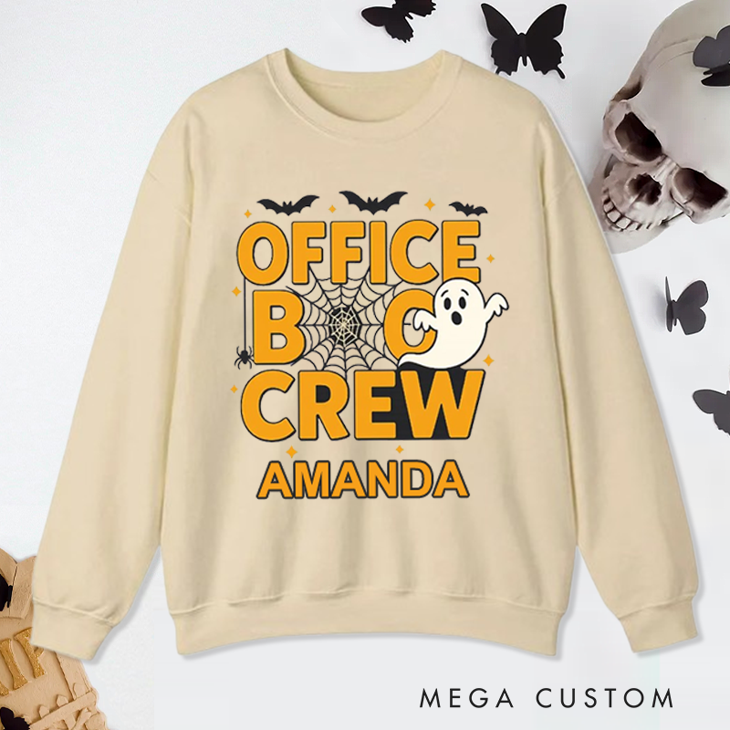 Personalized Office Worker Sweatshirt Office Boo Crew with Bats Spiderweb Spider and Small Stars Halloween Elements Appreciation Gift for Coworkers