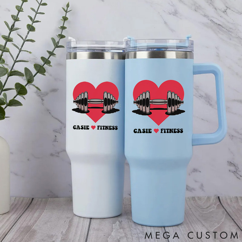 Personalized Handle Tumbler with Heart and Barbell Love Fitness Design for Gym Lover Fitness Durable Hot or Cold Drinks